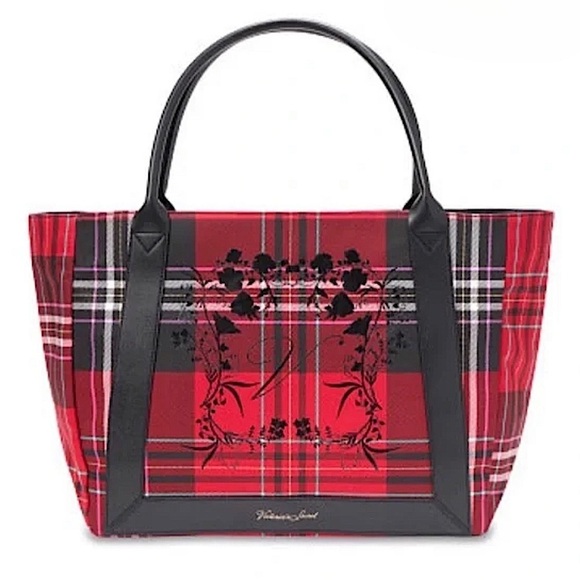 VICTORIA’S SECRET • Red Plaid Logo Festive Holiday Tote Purse Shoulder Bag - Picture 1 of 5